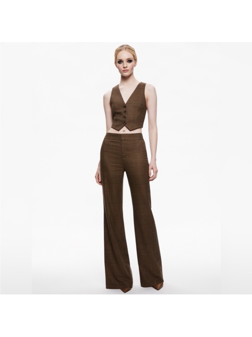 Alice + Olivia Brown Plaid Wide-Leg Trousers & Vest Set